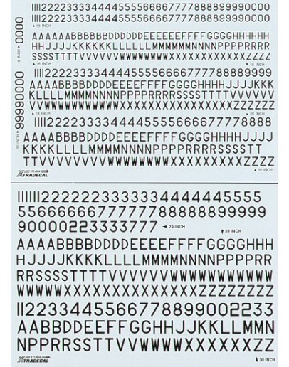 XTRADECAL 1/72 SCALE DECAL FOR PLASTIC MODEL KIT'S - 72065 - RAF Post War Serial Letters and Numbers, Black. 16", 18", 20", 24", 30", 36", 48" XD72065 