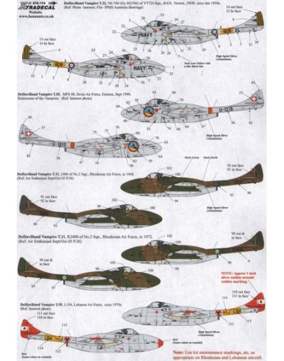 XTRADECAL 1/72 SCALE DECAL FOR PLASTIC MODEL KIT'S - 72174 - de Havilland Vampire T.55 Pt.2 (Overseas Operators)