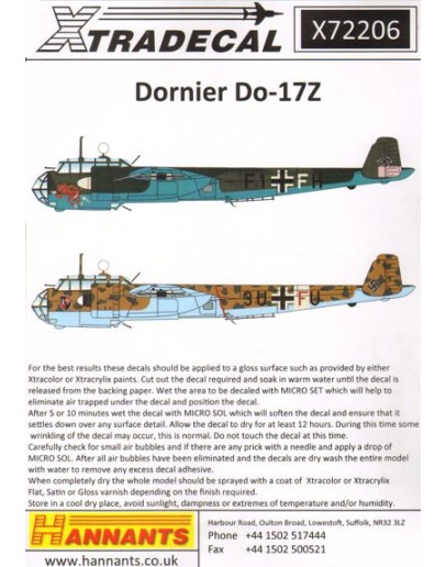 XTRADECAL 1/72 SCALE DECAL FOR PLASTIC MODEL KIT'S - 72206 - Doriner Do-17Z