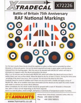 XTRADECAL 1/72 SCALE DECAL FOR PLASTIC MODEL KIT'S - 72226 - Battle of Britan 75th Anniversary (RAF National Markings)