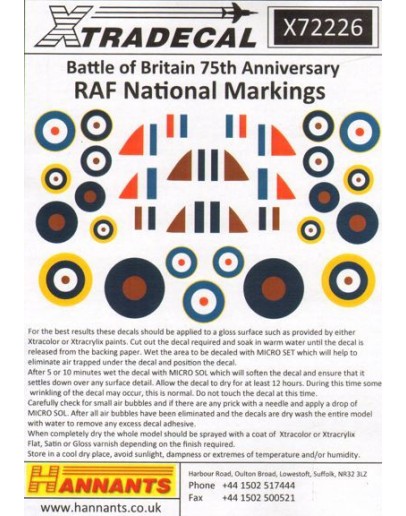 XTRADECAL 1/72 SCALE DECAL FOR PLASTIC MODEL KIT'S - 72226 - Battle of Britan 75th Anniversary (RAF National Markings)