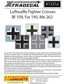 XTRADECAL 1/72 SCALE DECAL FOR PLASTIC MODEL KIT'S - 72252 - Luftwaffe Fighter Crosses (Bf 109, Fw 190, Me 262)