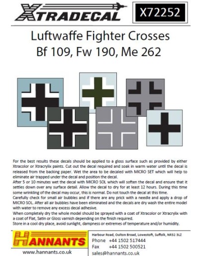 XTRADECAL 1/72 SCALE DECAL FOR PLASTIC MODEL KIT'S - 72252 - Luftwaffe Fighter Crosses (Bf 109, Fw 190, Me 262)