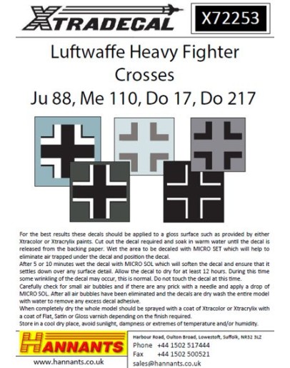 XTRADECAL 1/72 SCALE DECAL FOR PLASTIC MODEL KIT'S - 72253 - Luftwaffe Heavy Fighter Crosses - Ju 87, ME 110, Do 17, Do217