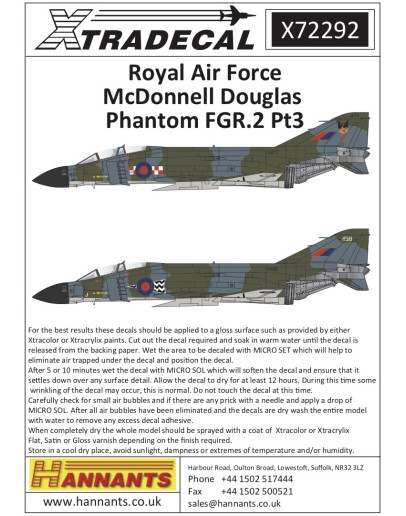 XTRADECAL 1/72 SCALE DECAL FOR PLASTIC MODEL KIT'S - 72292 - Royal Air Force Mcdonnell Douglas Phantom FGR.2 Pt3