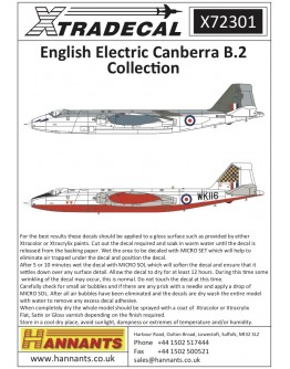 XTRADECAL 1/72 SCALE DECAL FOR PLASTIC MODEL KIT'S - 72301 - English Electric Canberra B.2 Collection XD72301