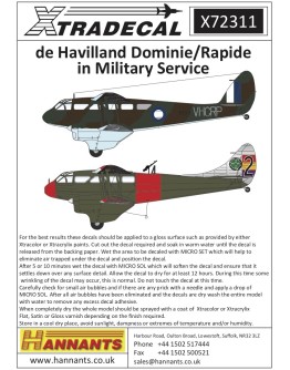 XTRADECAL 1/72 SCALE DECAL FOR PLASTIC MODEL KIT'S - 72311 - de Havilland Dominie/Rapide in Military Service