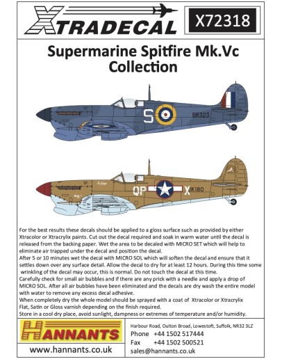 XTRADECAL 1/72 SCALE DECAL FOR PLASTIC MODEL KIT'S - 72318 - Supermarine Spitfire Mk.Vc Collection