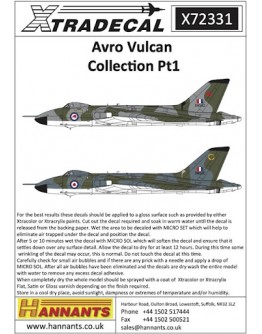 XTRADECAL 1/72 SCALE DECAL FOR PLASTIC MODEL KIT'S - 72331 -  AVRO VULCAN SET #1 XD72331