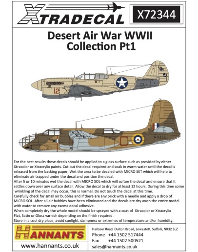 XTRADECAL 1/72 SCALE DECAL FOR PLASTIC MODEL KIT'S - 72344 - Desert Air War WWII Collection Pt1