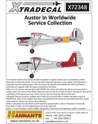 XTRADECAL 1/72 SCALE DECAL FOR PLASTIC MODEL KIT'S - 72348 - Auster in Worldwide Service Collection