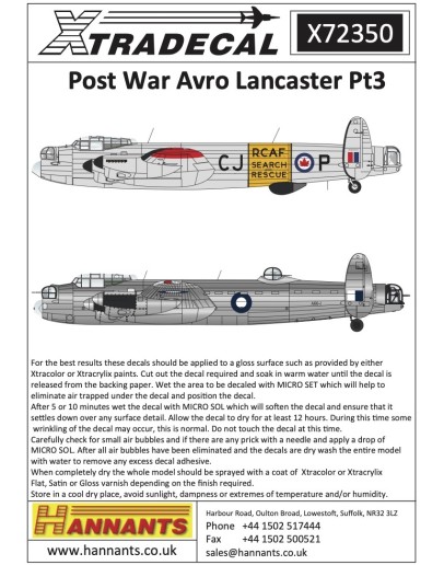 XTRADECAL 1/72 SCALE DECAL FOR PLASTIC MODEL KIT'S - 72350 - Post War Avro Lancaster Pt3