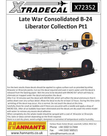 XTRADECAL 1/72 SCALE DECAL FOR PLASTIC MODEL KIT'S - 72352 - LATE WAR CONSOLIDATED B-24 LIBERATOR COLLECTION PT 1 - XD72352